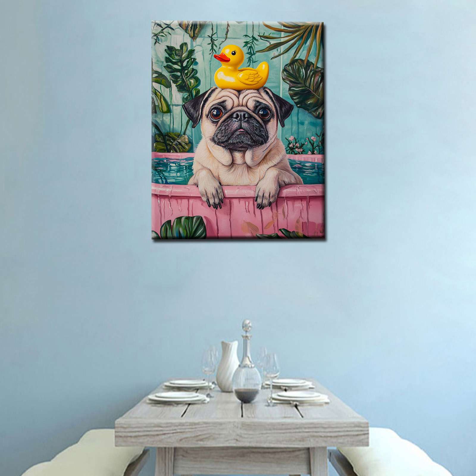 tucocoo-bathtub-pug-with-rubber-duck-leinwandbild-30x40-cm image 2