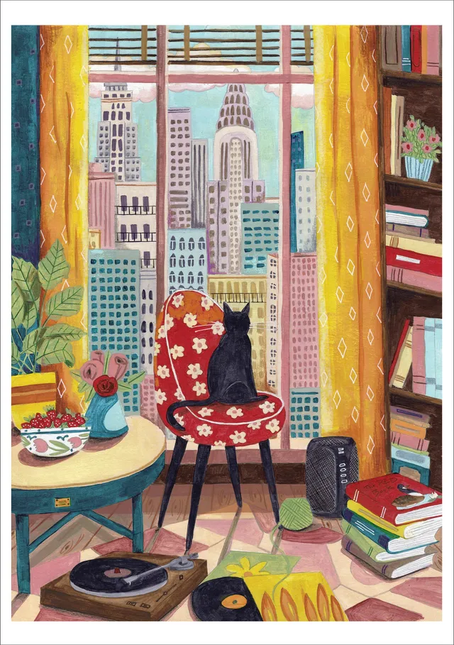 pomegranate-blank-notecards-black-cat-in-new-york-window-klappkarte-katze image 1