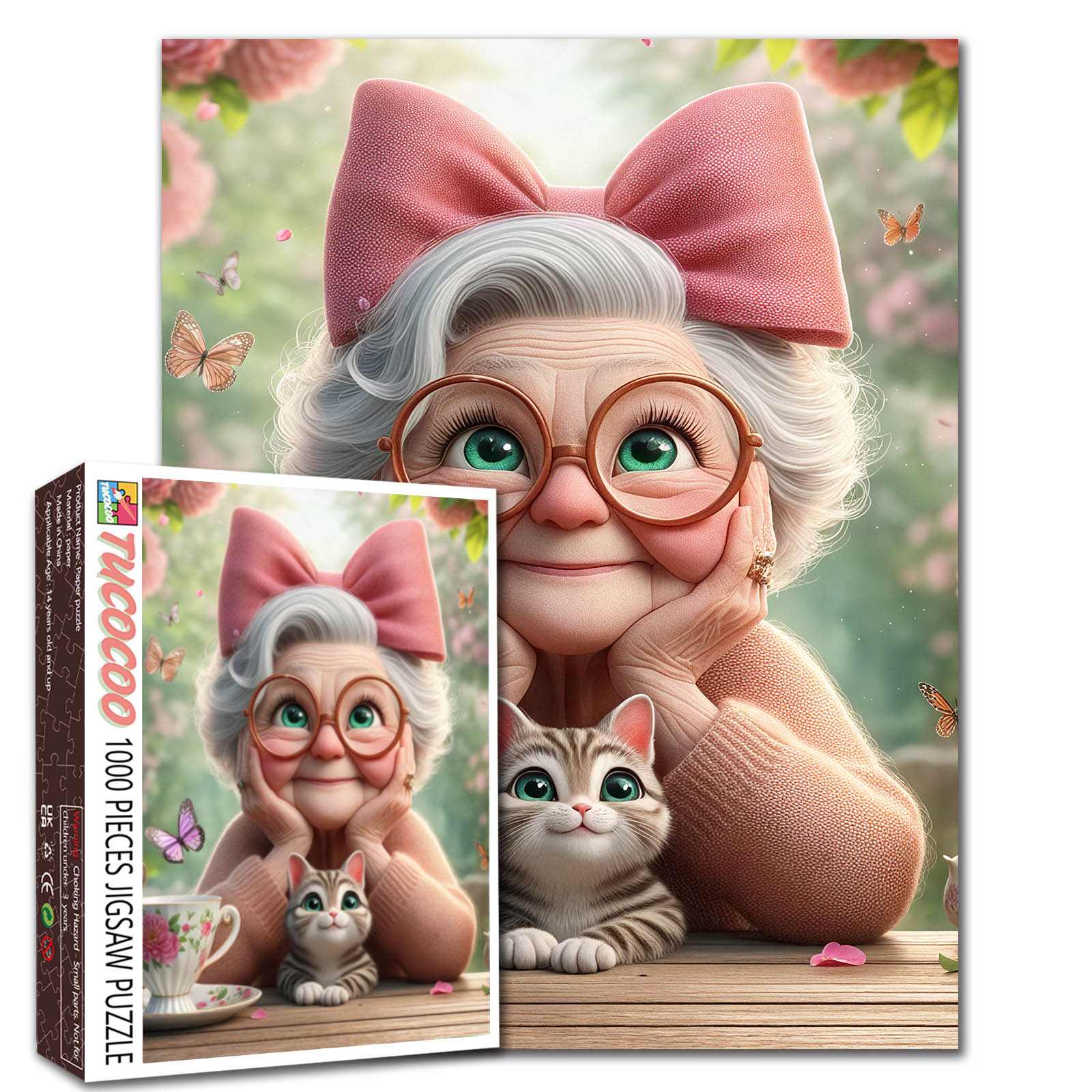 tucocoo-grandma-with-pink-bow-and-kitten-puzzle-1000-teile image 1