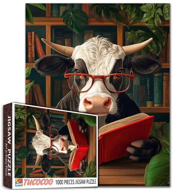 tucocoo-jigsaw-puzzles-cow-reading-book-in-library-puzzle-1000-teile image 1