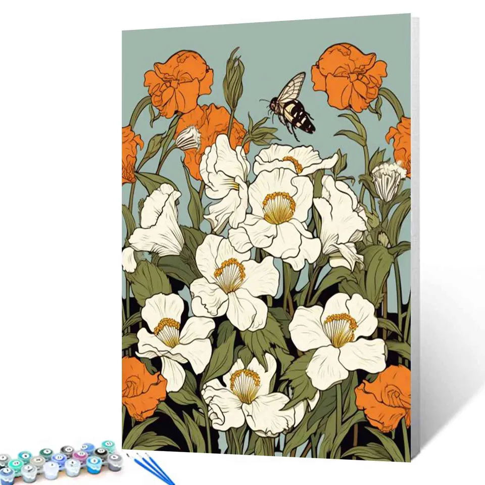 tucocoo-white-orange-flowers-bee-malen-nach-zahlen-40x50 image 1