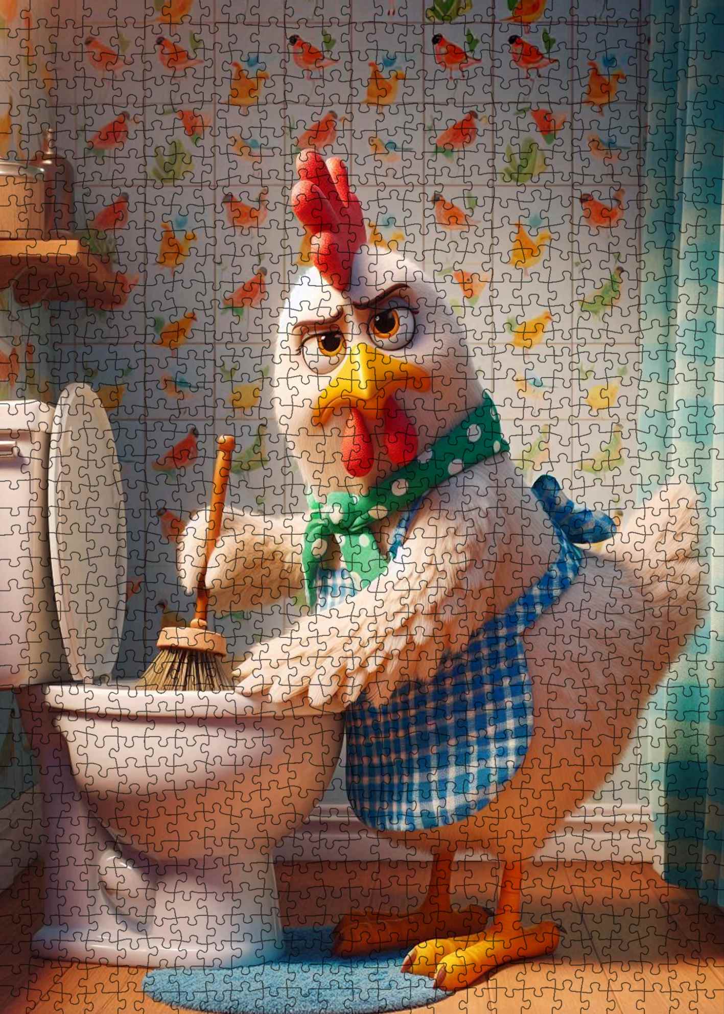 tucocoo-grumpy-chicken-cleaning-bathroom-puzzle-1000teile-huhn image 2