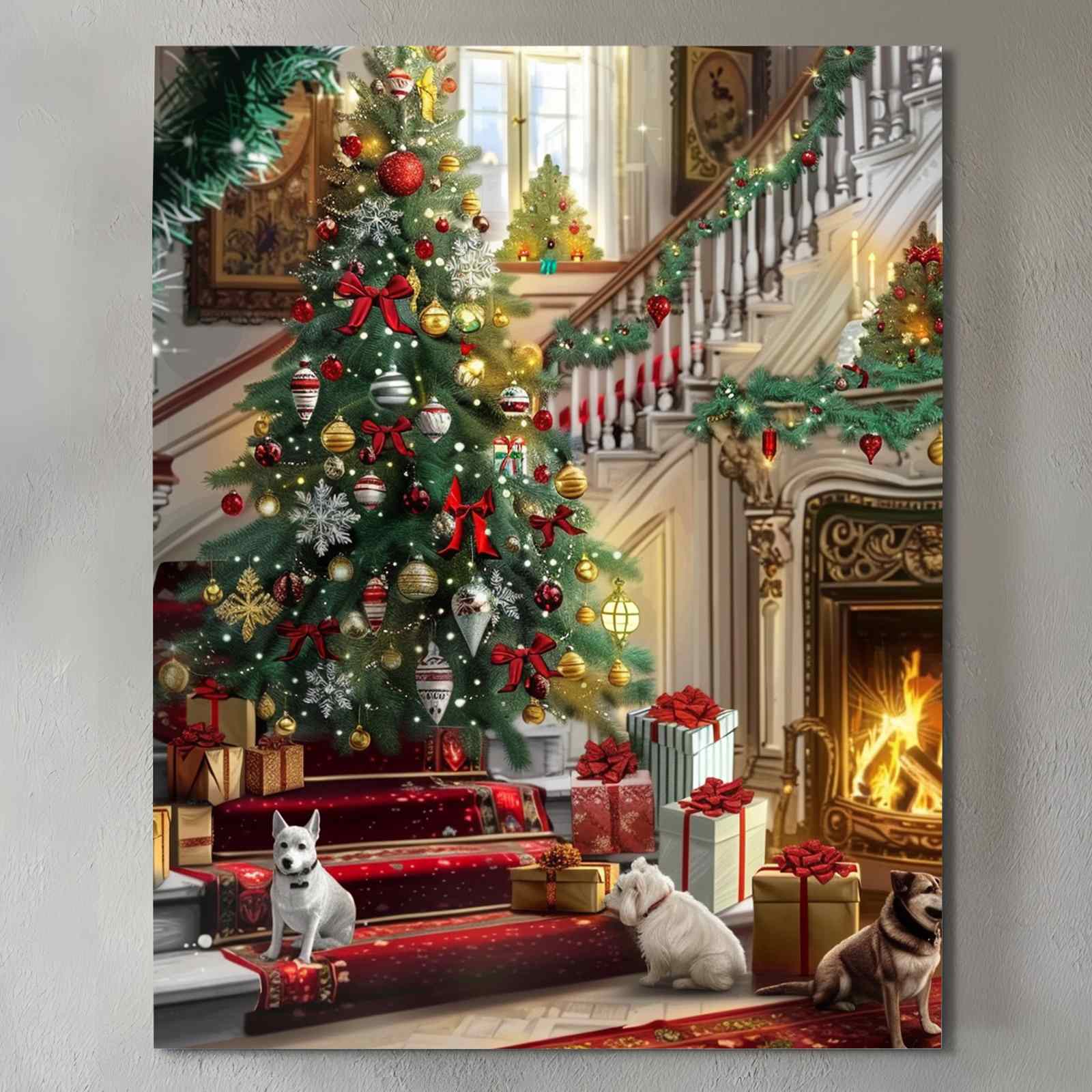 tucocoo-christmas-tree-and-dogs-by-fireplace-leinwandbild image 2