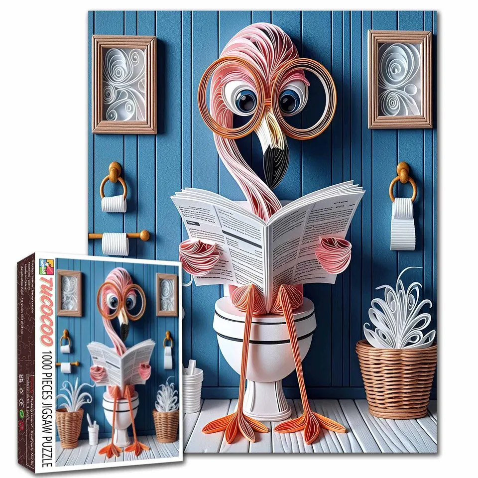 tucocoo-flamingo-reading-on-toilet-puzzle-1000-teile-bad image 1