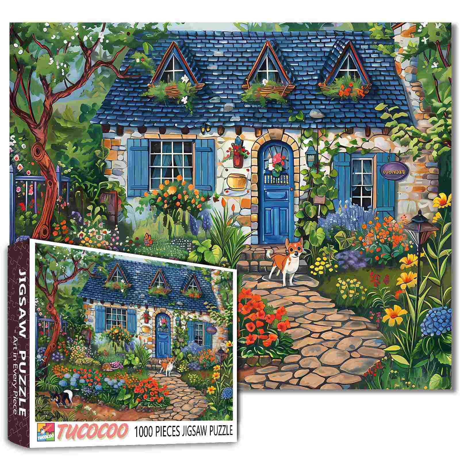 tucocoo-jigsaw-blaues-haus-mit-welpe-puzzle-1000-teile-landschaft image 1