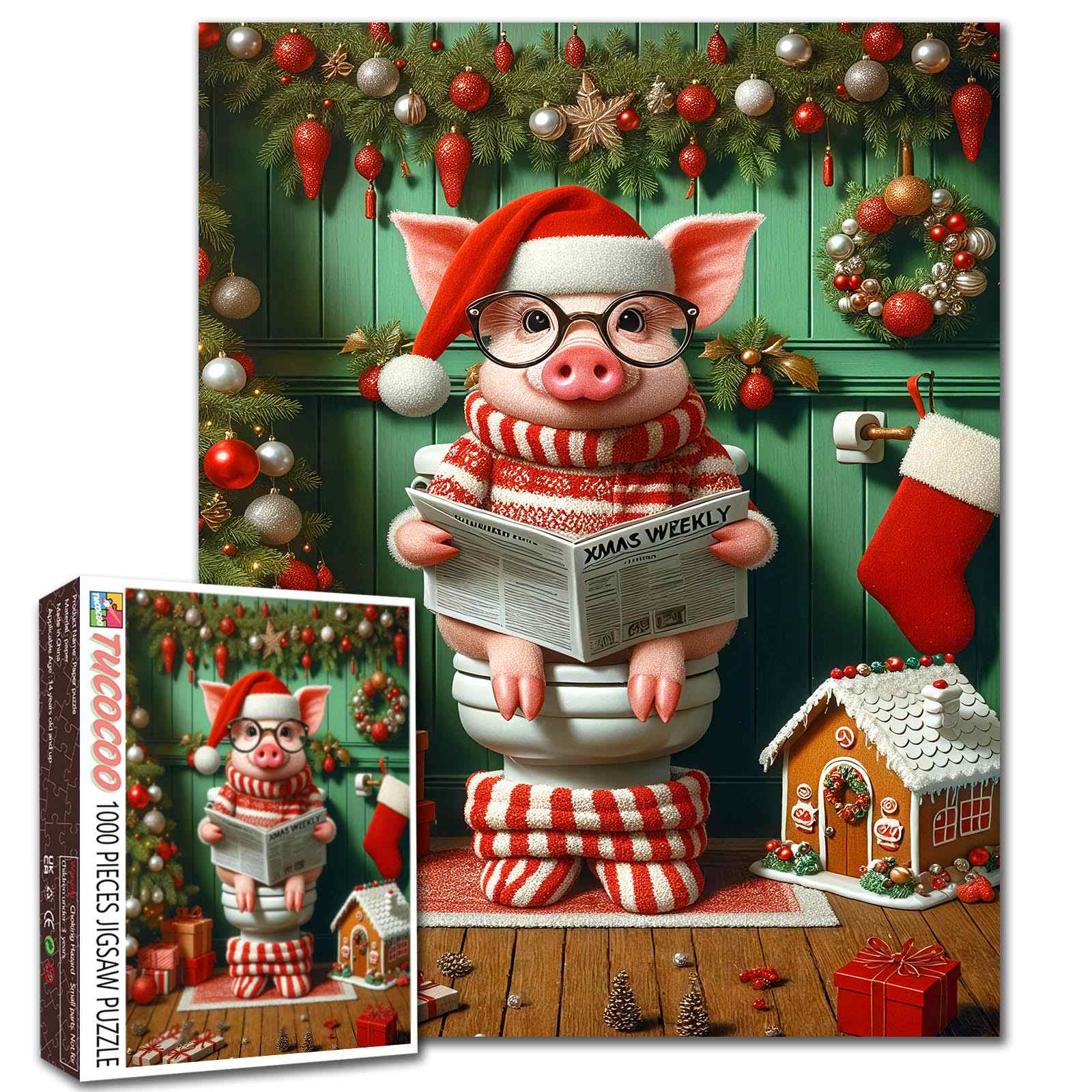 tucocoo-jigsaw-christmas-reading-piggy-puzzle-1000-teile-schwein image 1