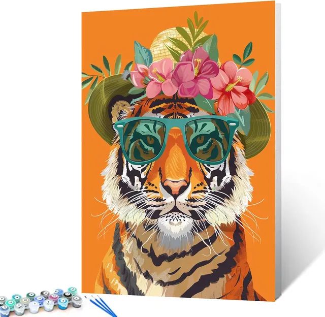 tucocoo-tiger-sunglasses-flower-hat-malen-nach-zahlen-40x50 image 1