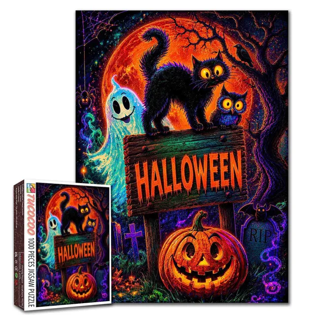 tucocoo-neon-black-cat-halloween-night-puzzle-1000-teile image 1