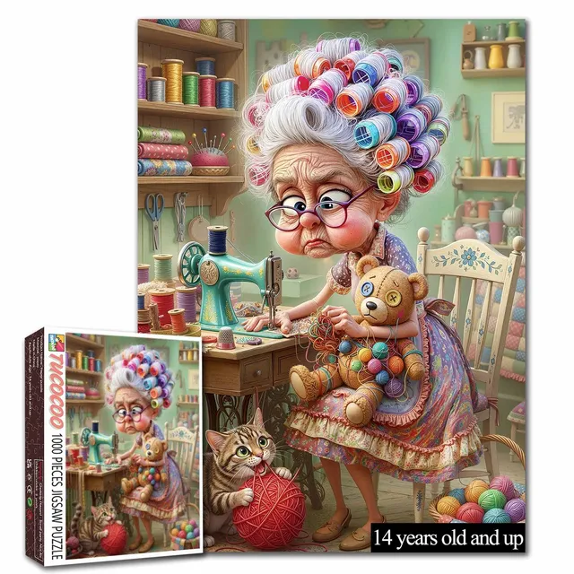 tucocoo-funny-sewing-grandma-and-cat-puzzle-1000-teile image 1