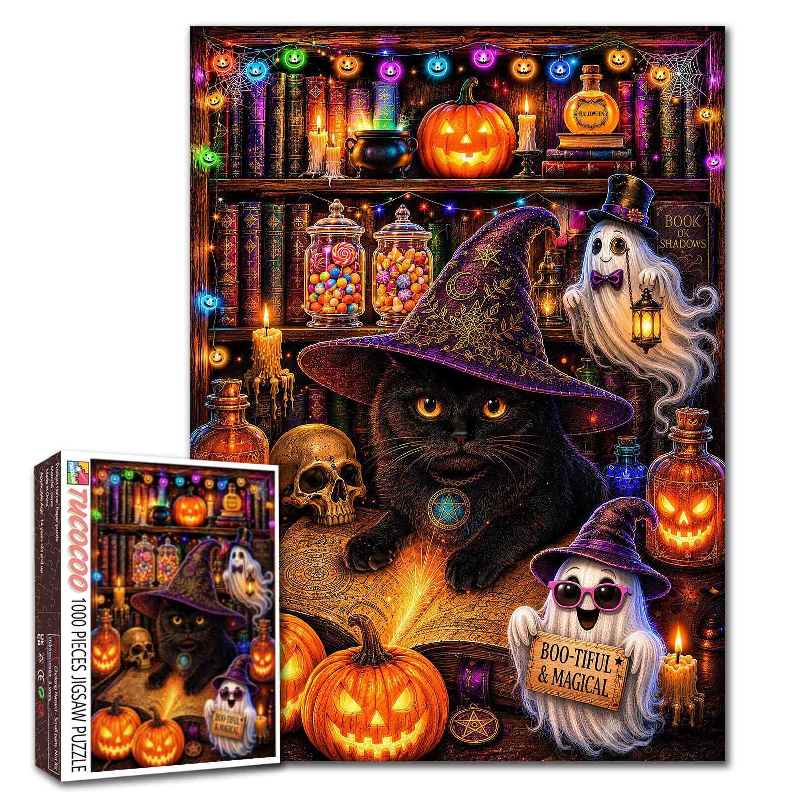 tucocoo-black-cat-witchy-library-puzzle-1000-teile-halloween image 1