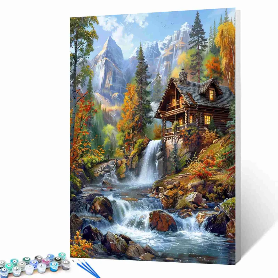 tucocoo-alpine-cabin-waterfall-malen-nach-zahlen-40x50-ohne-rahmen-berge image 1