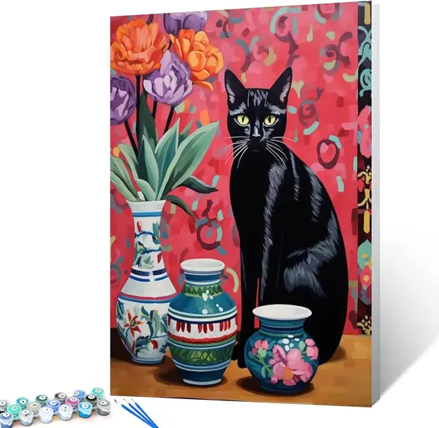 tucocoo-black-cat-and-three-vases-malen-nach-zahlen-40x50 image 1