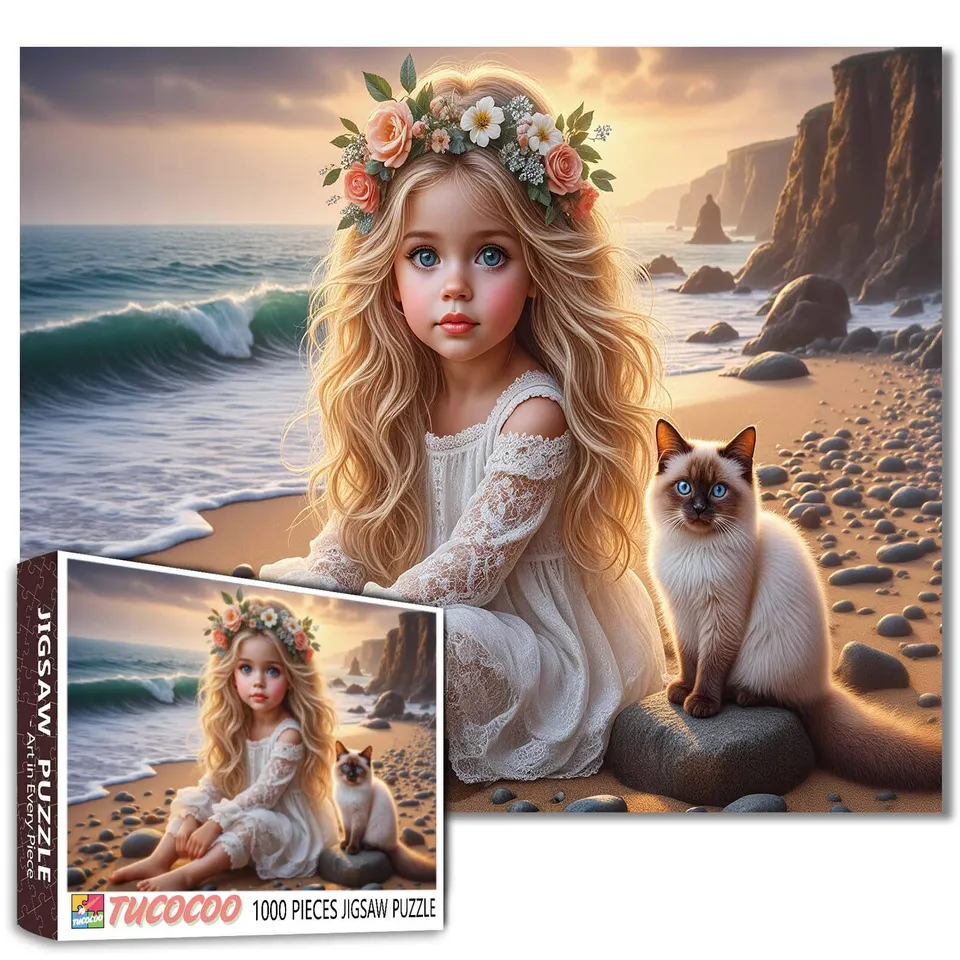 tucocoo-golden-shore-girl-cat-puzzle-1000-teile-strand image 1