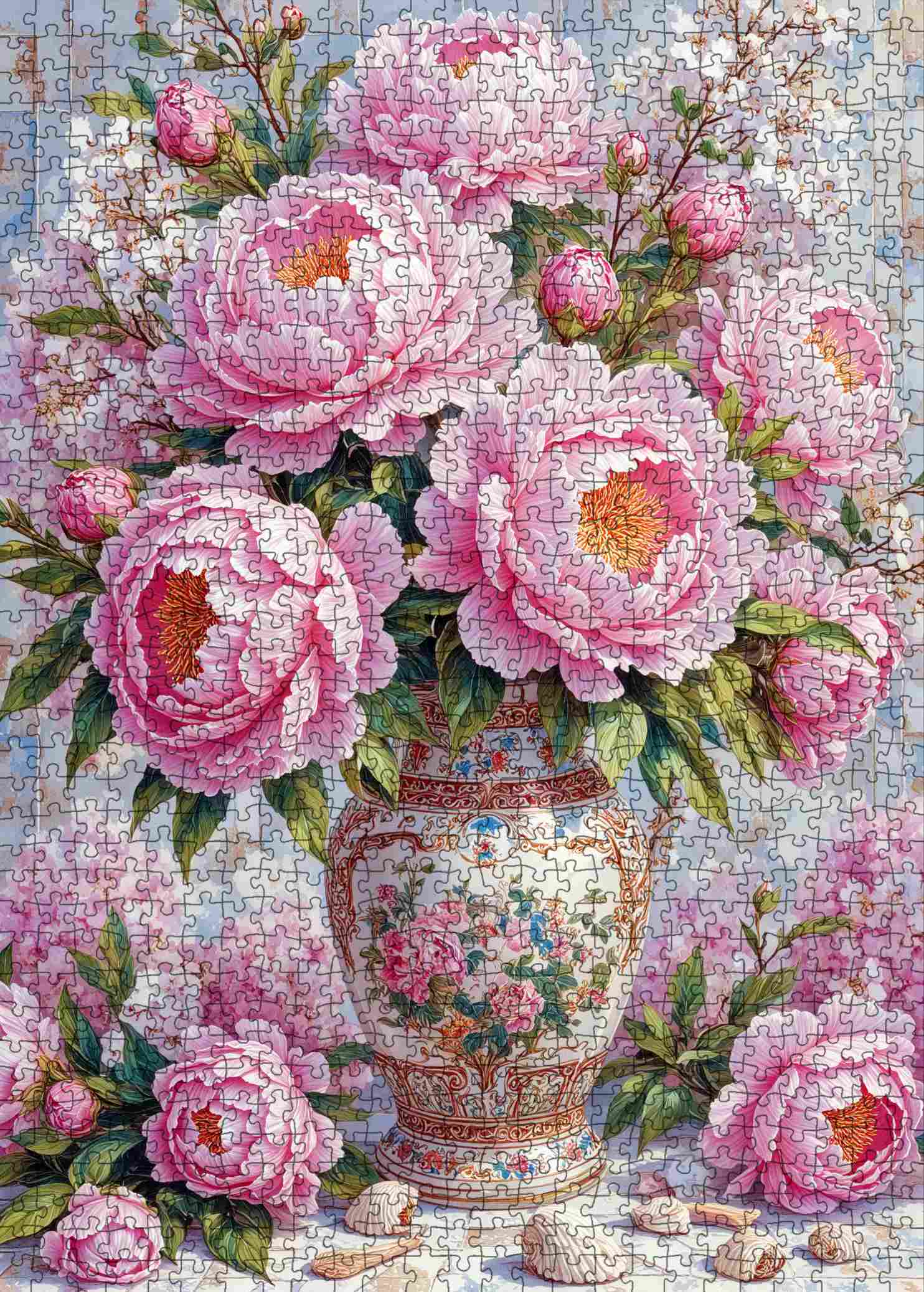 tucocoo-vintage-pink-peony-vase-puzzle-1000-teile-blumenmotiv image 2