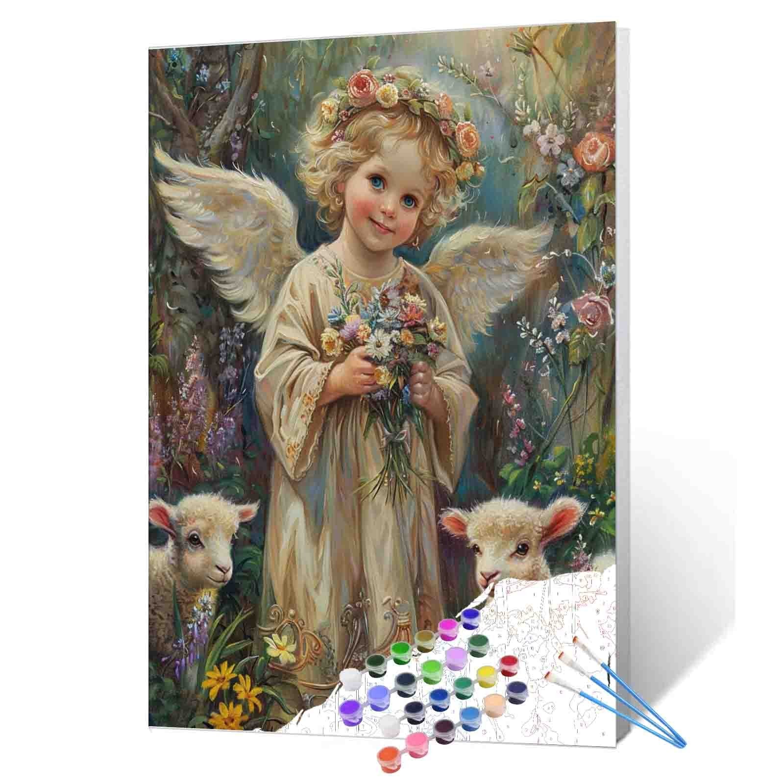 tucocoo-paint-by-numbers-flower-angel-and-lambs-malen-nach-zahlen-40x50 image 1