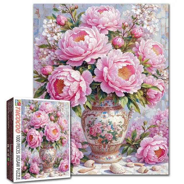tucocoo-vintage-pink-peony-vase-puzzle-1000-teile-blumenmotiv image 1