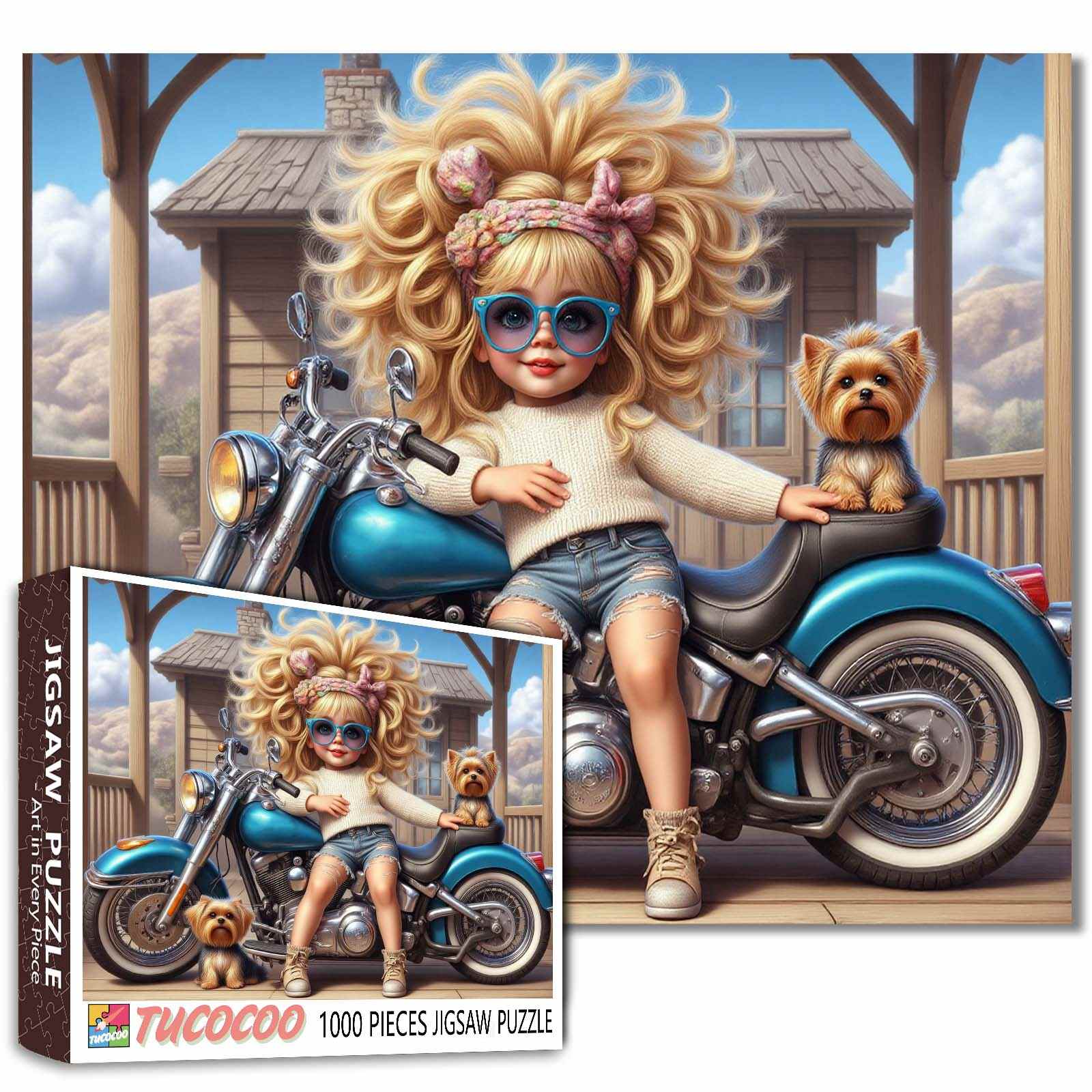 tucocoo-cool-biker-girl-and-pups-puzzle-1000-teile-motorrad image 1