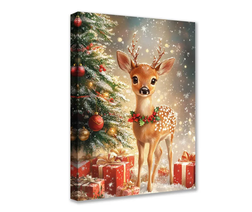 tucocoo-adorable-fawn-by-christmas-tree-leinwandbild-30x40-gerahmt image 1