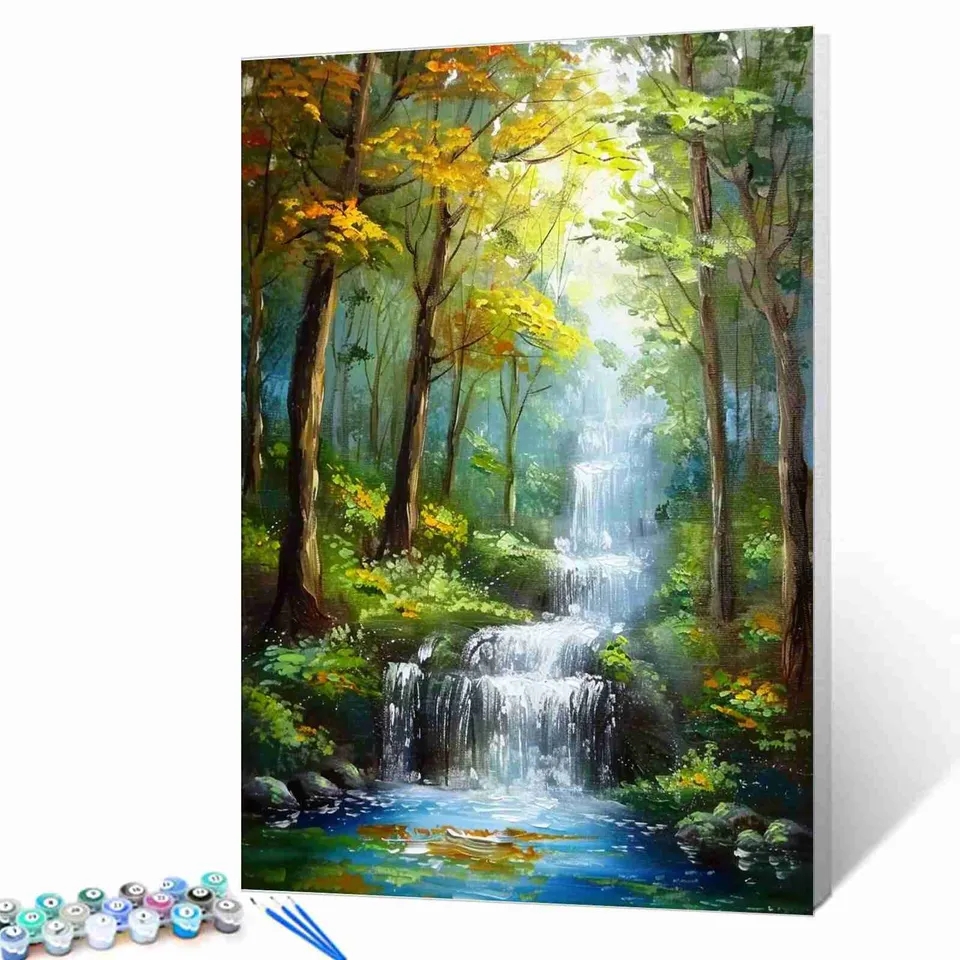 tucocoo-tranquil-forest-waterfall-malen-nach-zahlen-40x50-wald image 1