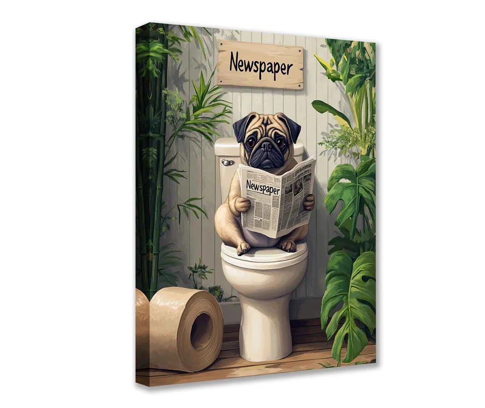 tucocoo-mops-toilette-zeitung-leinwandbild-30x40cm-gerahmt image 1