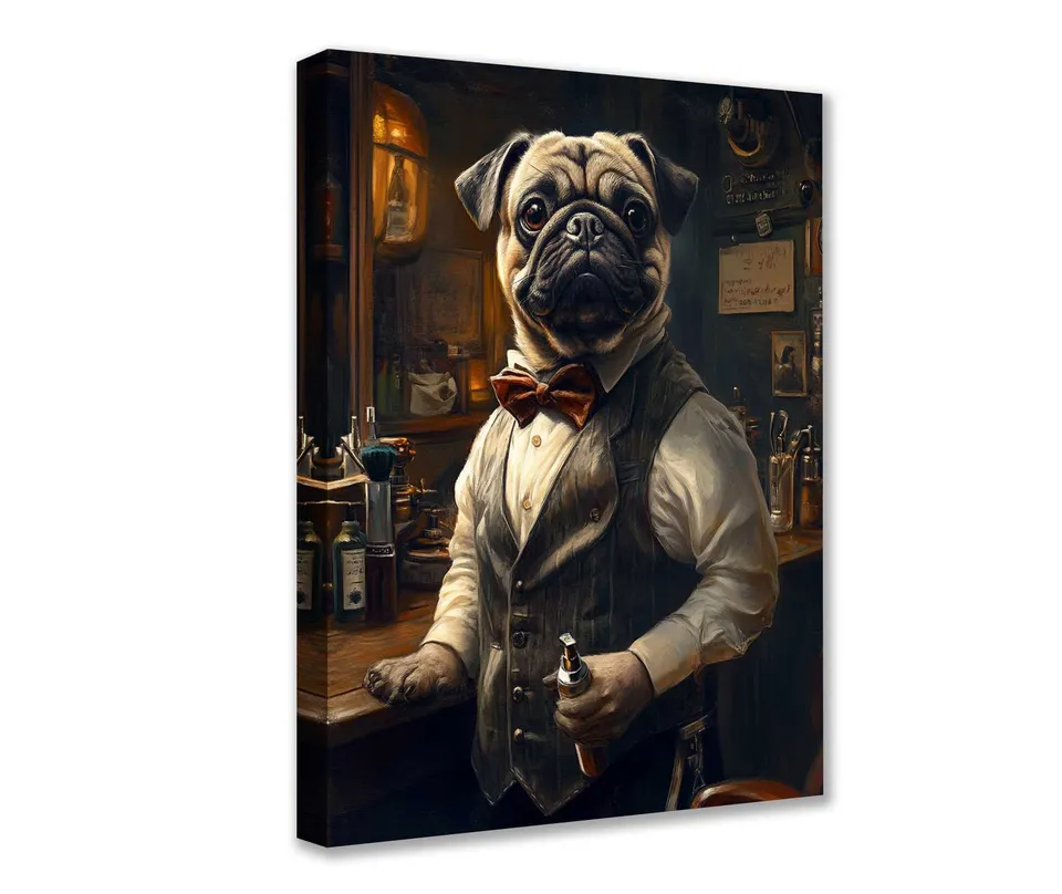 tucocoo-vintage-barber-pug-leinwandbild-mops-30x40-gerahmt image 1