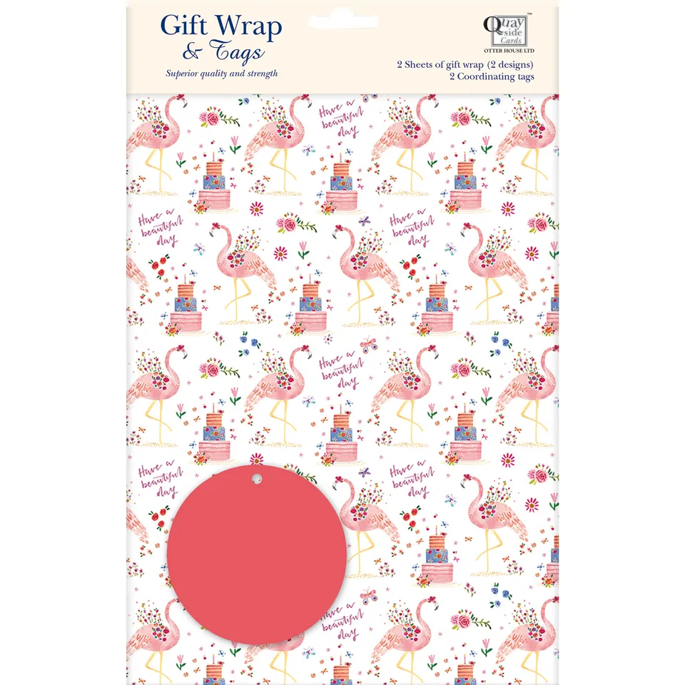 otter-house-geschenkpapier-flamingo-2-bogen-mit-anh-ngern image 1
