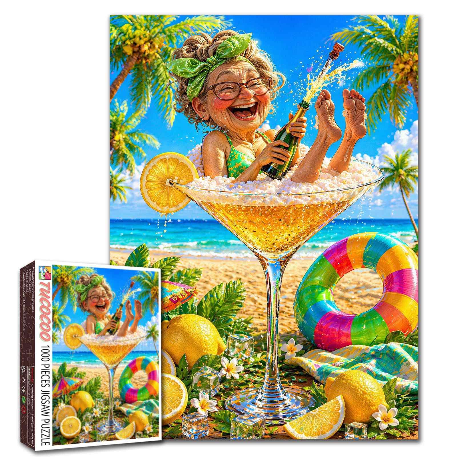 tucocoo-champagne-grandma-beach-puzzle-1000-teile-lustig image 1