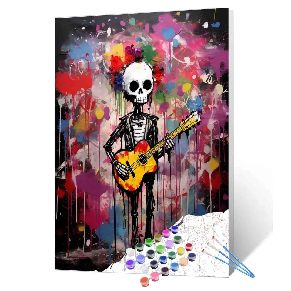 tucocoo-paint-by-numbers-floral-skull-gitarrist-malen-nach-zahlen-40x50 image 1