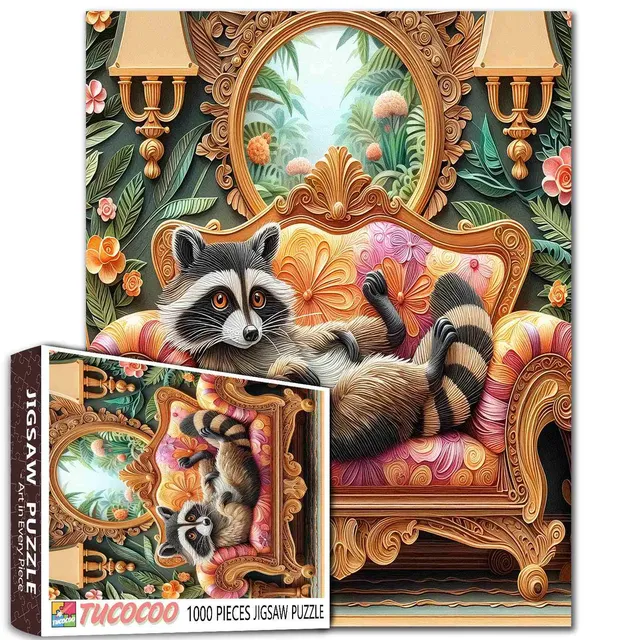 tucocoo-relaxed-raccoon-on-ornate-sofa-puzzle-1000-teile image 1