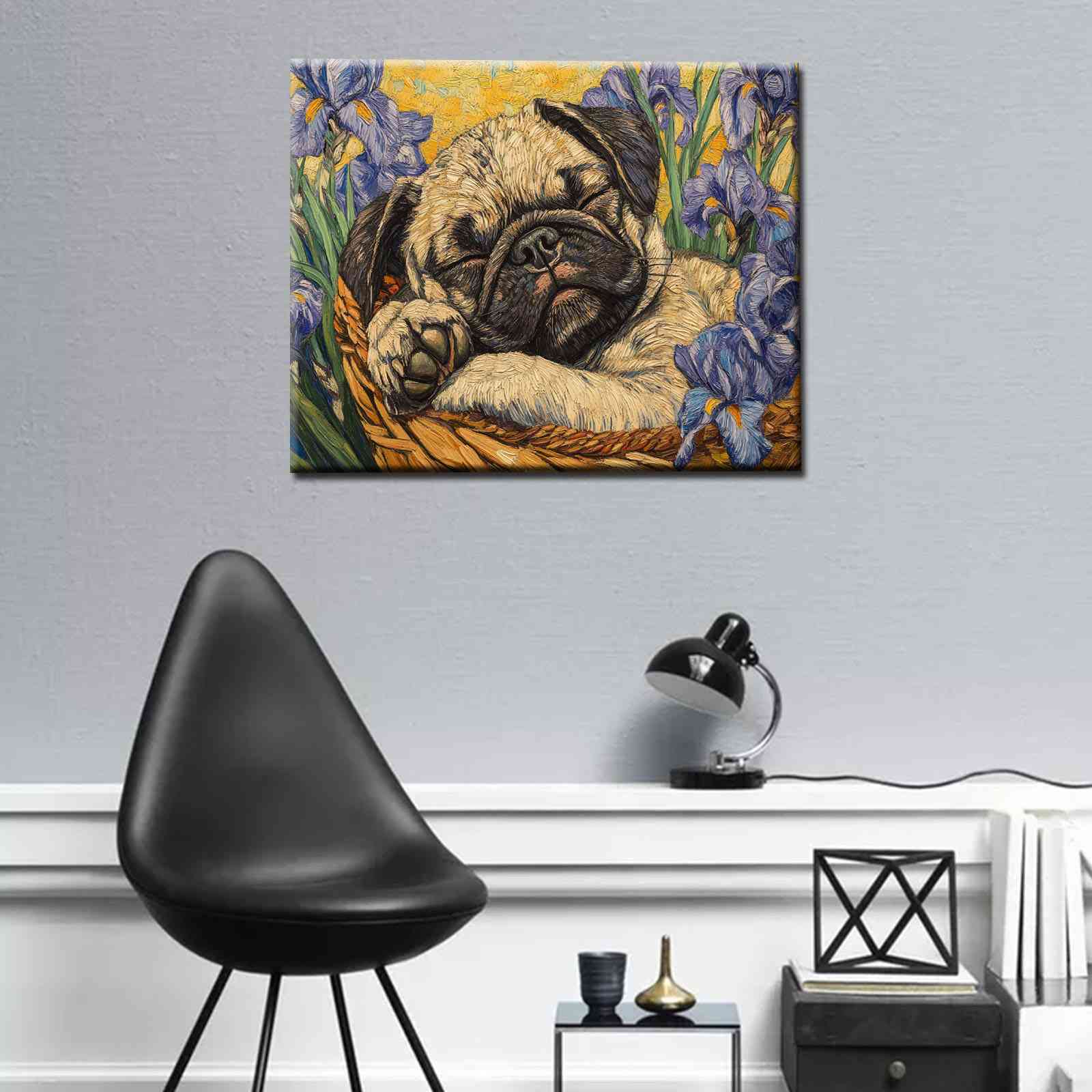 tucocoo-sleeping-pug-flower-basket-leinwandbild-30x40cm-mops image 2
