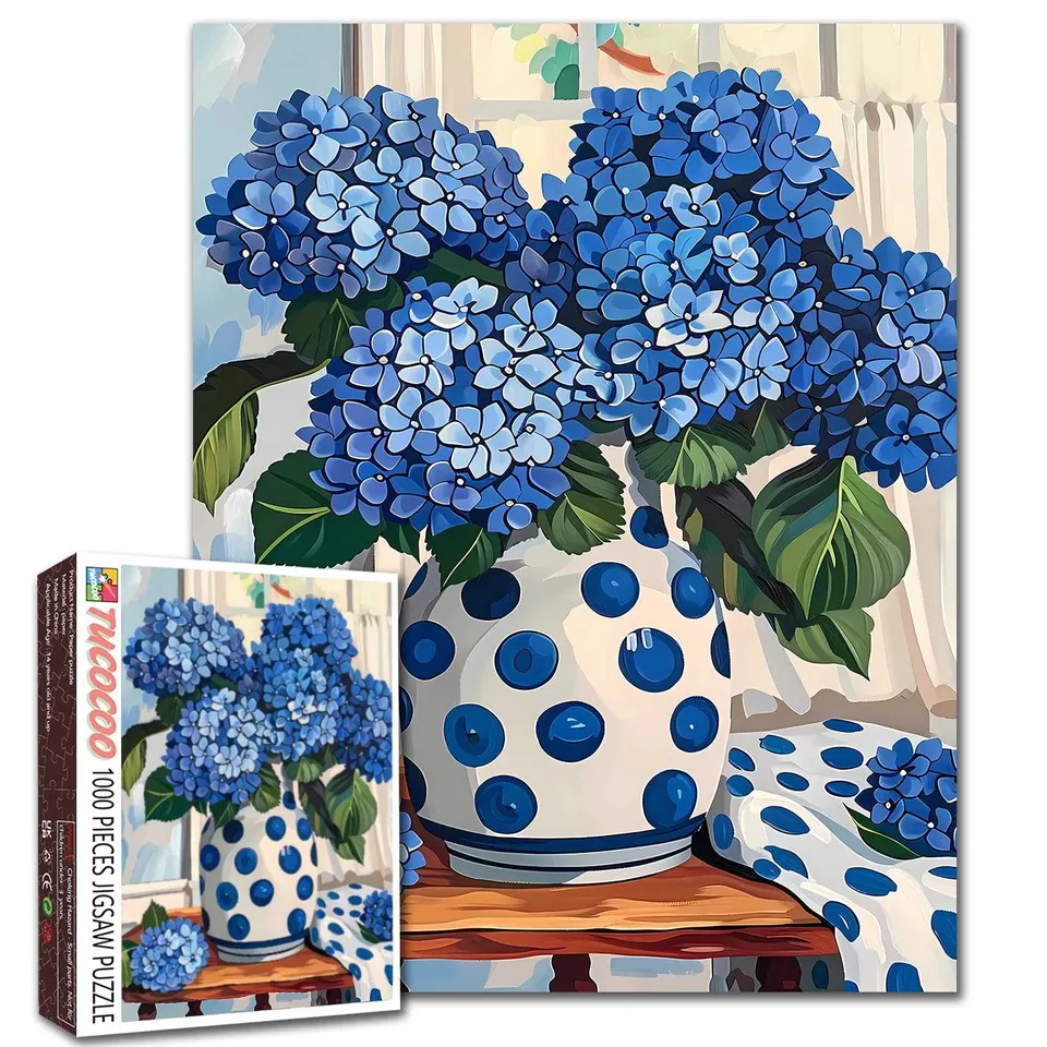 tucocoo-blue-hydrangea-polka-dot-vase-puzzle-1000-teile-blumen image 1