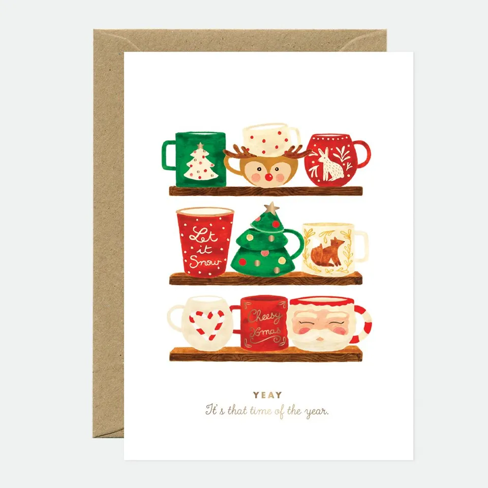 all-the-ways-to-say-xmas-mugs-weihnachtskarte-goldfolie-a6 image 1