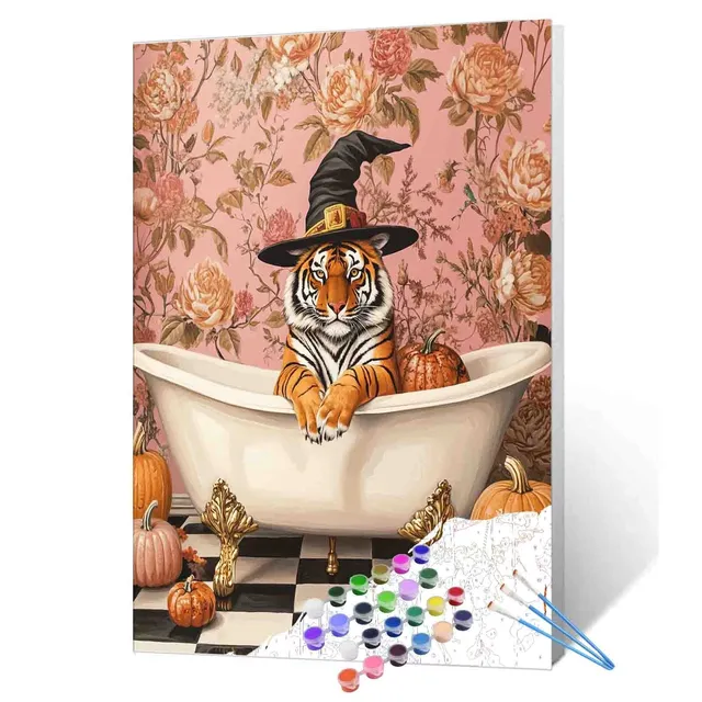 tucocoo-witch-hat-tiger-in-bathtub-malen-nach-zahlen-ohne-rahmen image 1