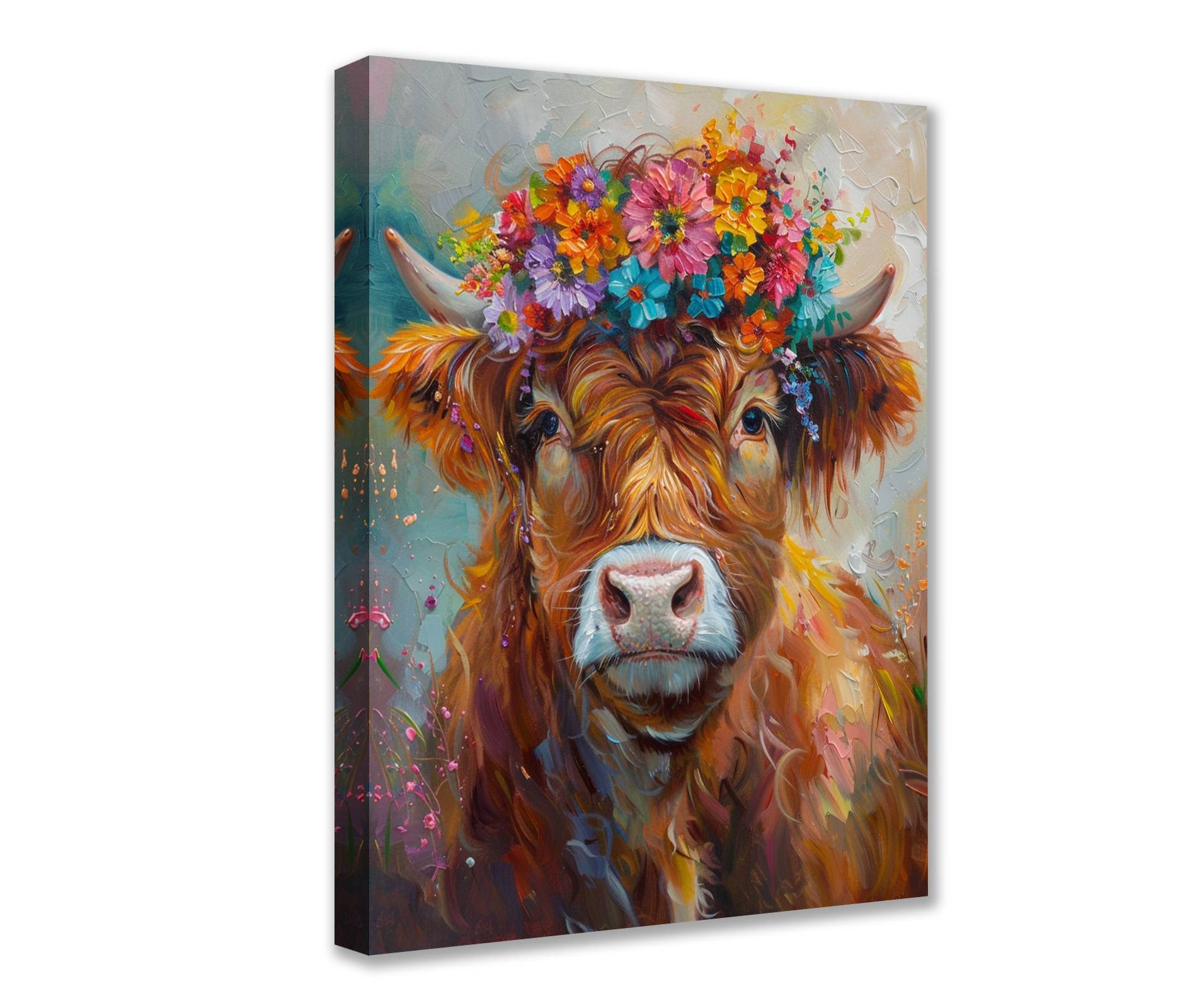 tucocoo-highland-cow-blumenkranz-leinwandbild-30x40-ungerahmt image 1