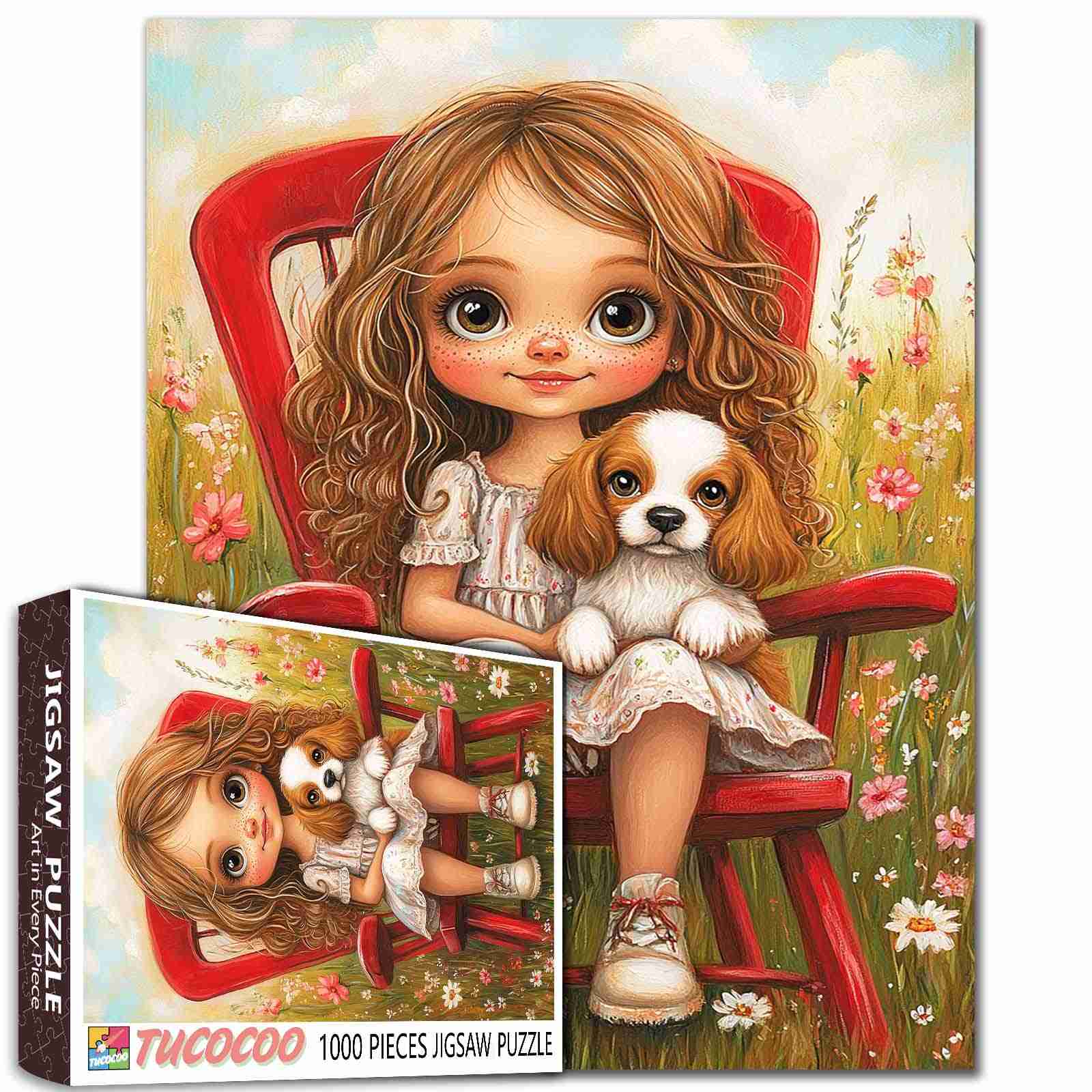tucocoo-girl-with-puppy-on-red-chair-puzzle-1000-teile-blumen image 1