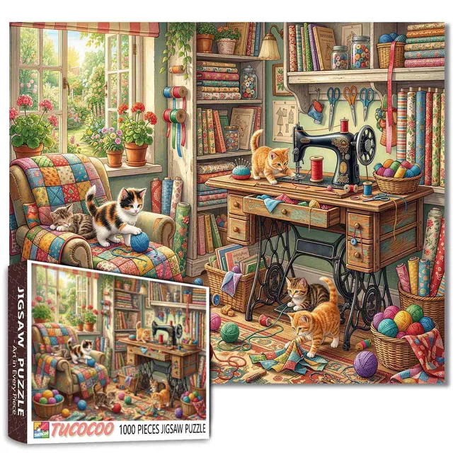 tucocoo-jigsaw-cozy-sewing-room-kittens-puzzle-1000-teile-katzen image 1