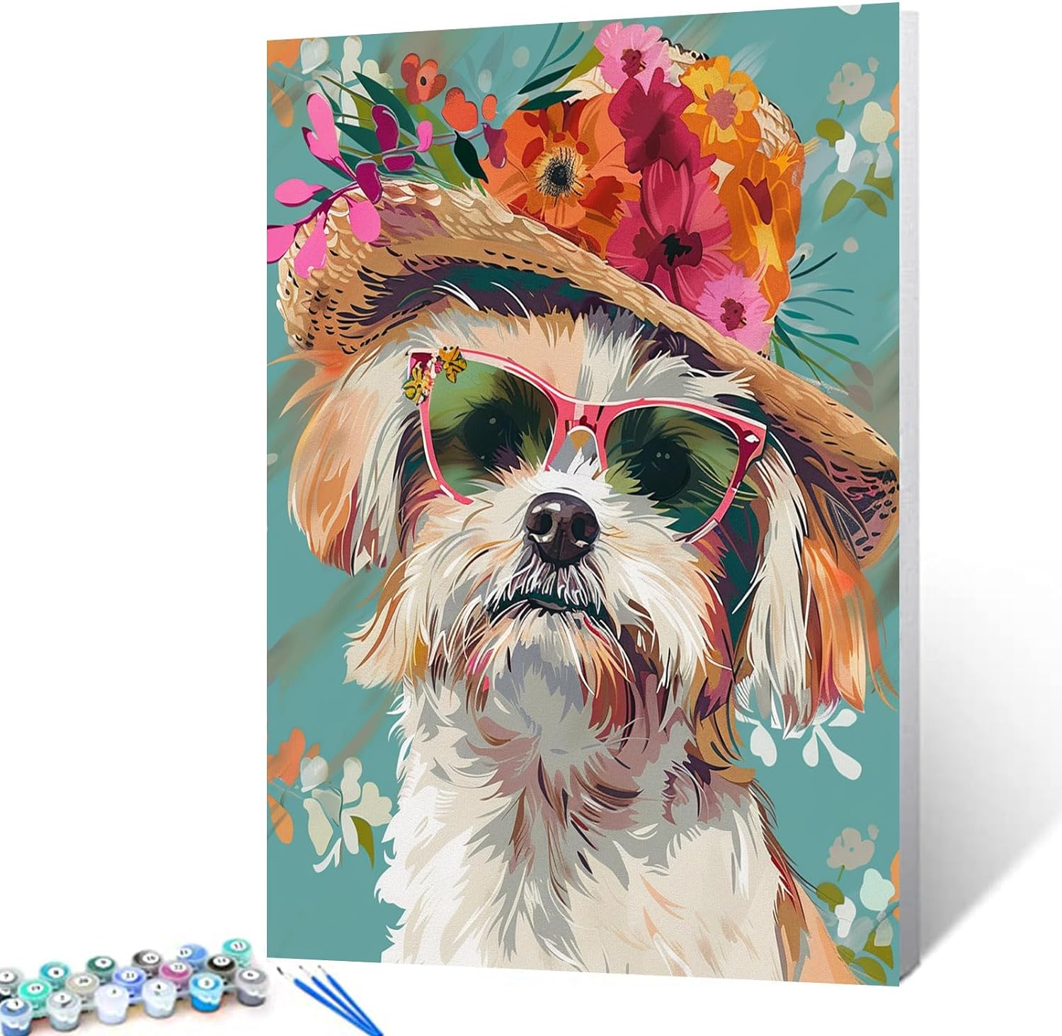 tucocoo-puppy-shades-flowers-hat-malen-nach-zahlen-40x50 image 1