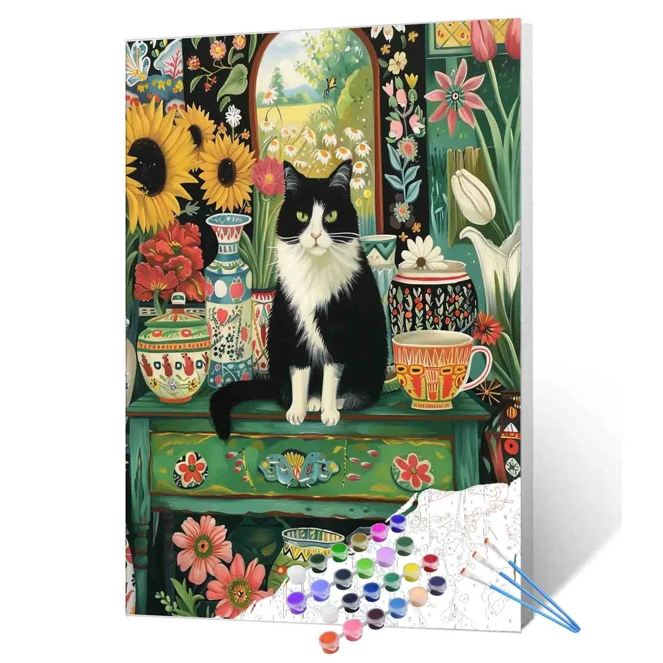 tucocoo-paint-by-numbers-floral-garden-cat-malbild-40x50-ohne-rahmen image 1