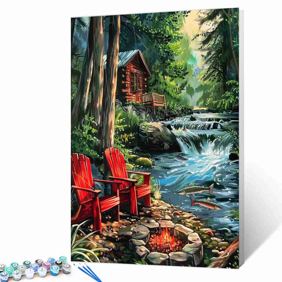 tucocoo-forest-cabin-creekside-malen-nach-zahlen-40x50-ohne-rahmen-wald image 1