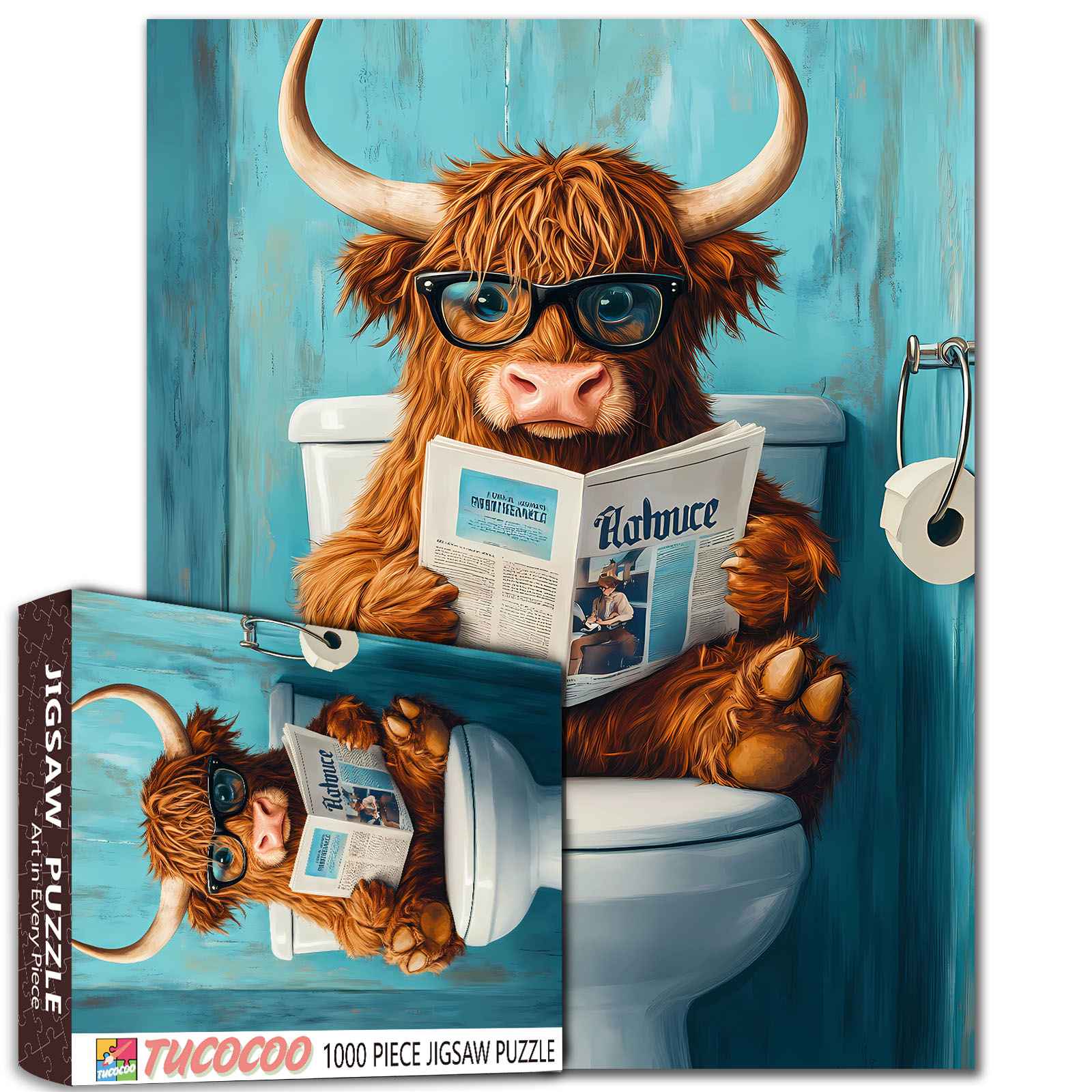 tucocoo-highland-cow-reading-newspaper-on-toilet-puzzle-1000-teile-lustig image 1