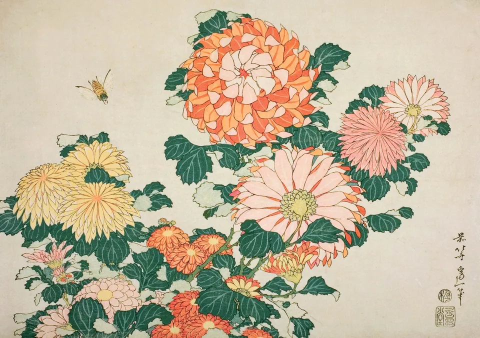 pomegranate-birthday-cards-hokusai-chrysanthemums-bee-geburtstagskarte image 1