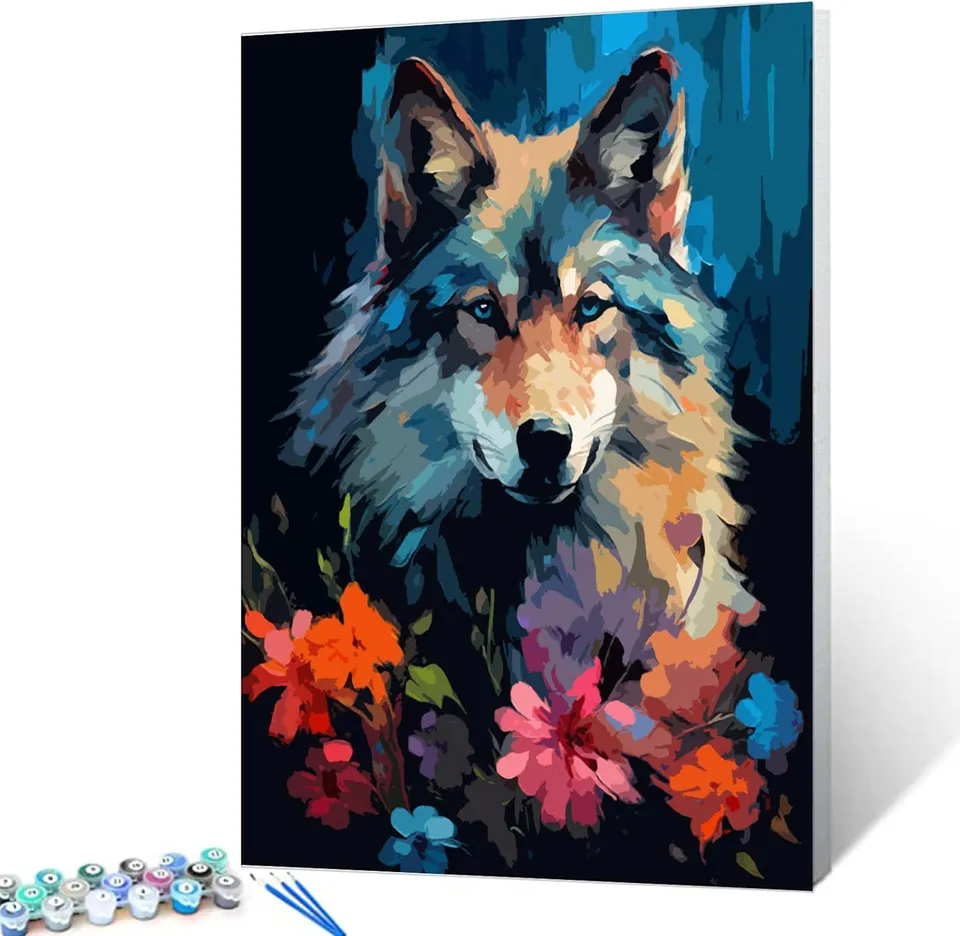tucocoo-paint-by-numbers-wolf-mit-blumen-malen-nach-zahlen-40x50 image 1
