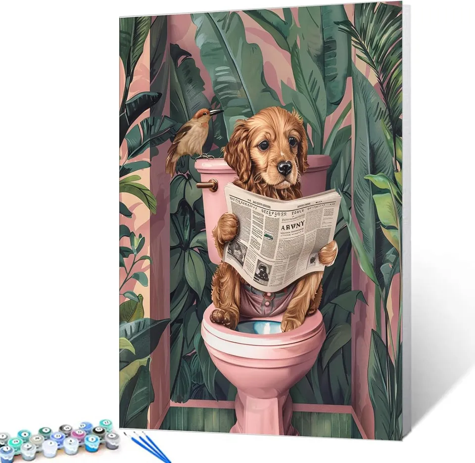 tucocoo-welpe-auf-toilette-malen-nach-zahlen-40x50-ohne-rahmen image 1