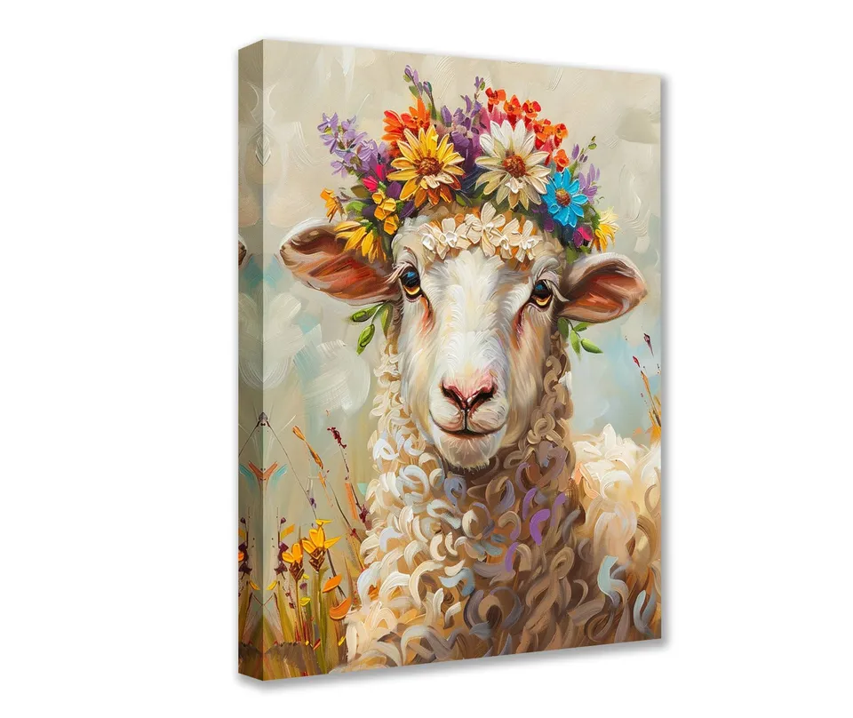 tucocoo-schaf-mit-blumenkranz-leinwandbild-30x40-ungerahmt image 1