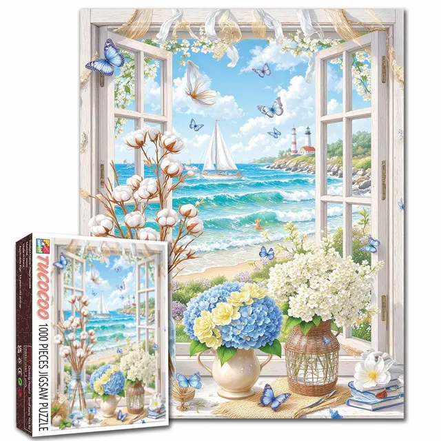 tucocoo-seaside-window-puzzle-1000-teile-hortensien image 1
