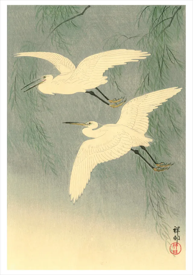 pomegranate-ohara-koson-klappkarte-little-egrets-einzelkarte image 1