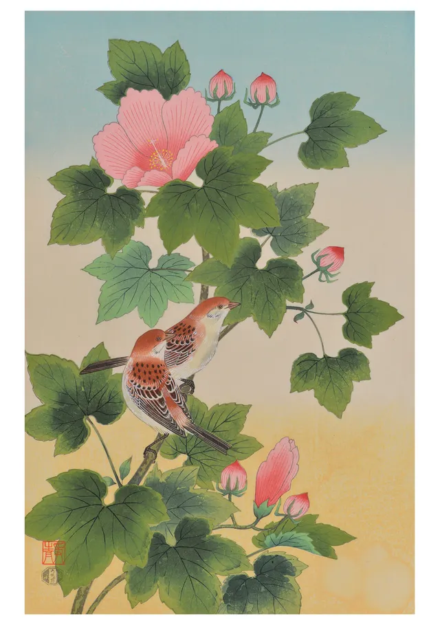 pomegranate-ashikaga-sparrows-and-cotton-rose-geburtstagskarte image 1