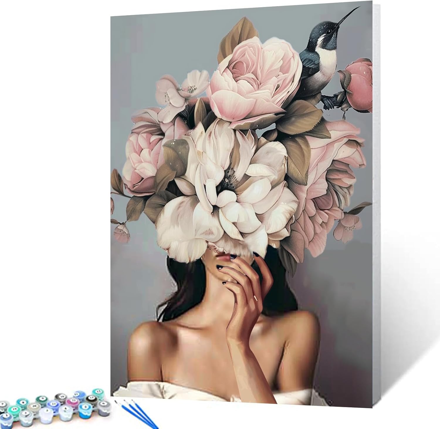 tucocoo-lady-with-pink-flower-and-bird-malen-nach-zahlen-40x50 image 1