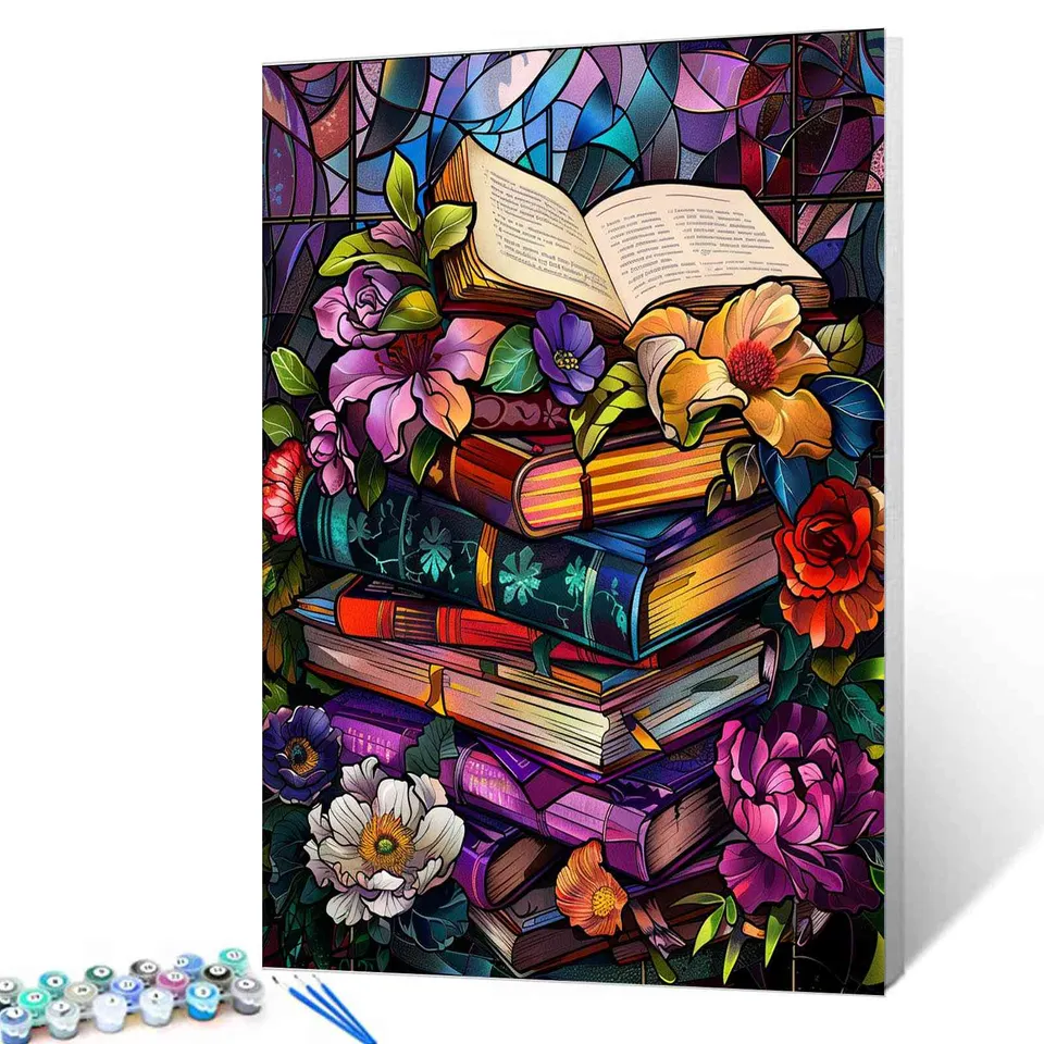 tucocoo-paint-by-numbers-stained-glass-books-flowers-malen-nach-zahlen-40x50 image 1
