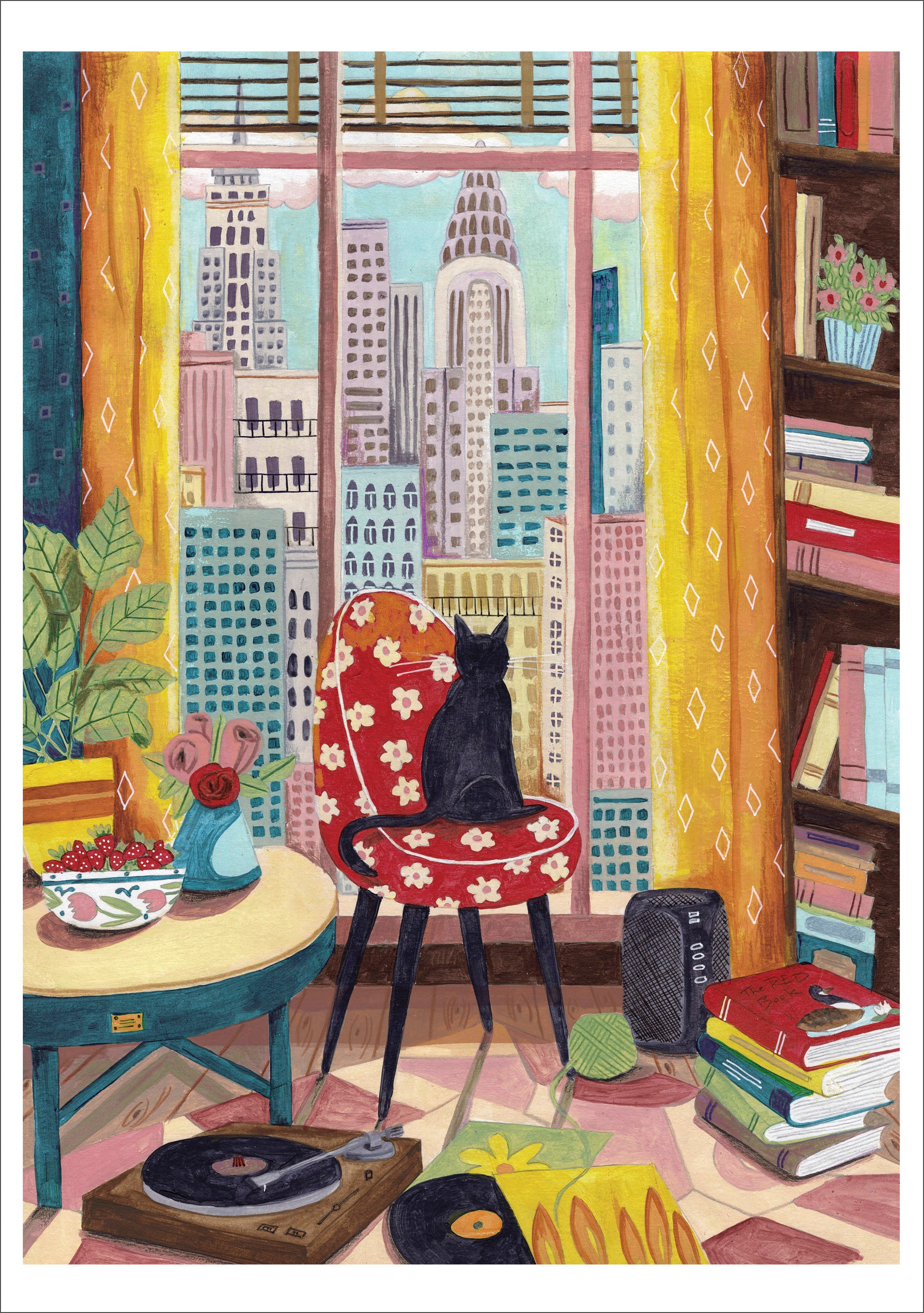 pomegranate-blank-notecards-black-cat-in-new-york-window-klappkarte-katze image 1